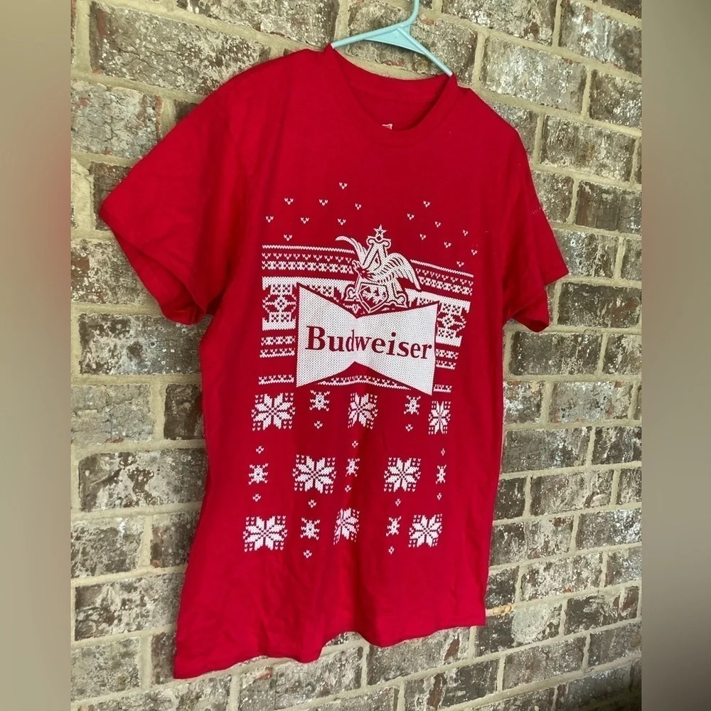 Nice Hanes Budweiser Shirt Red With White Snowflakes Size Large